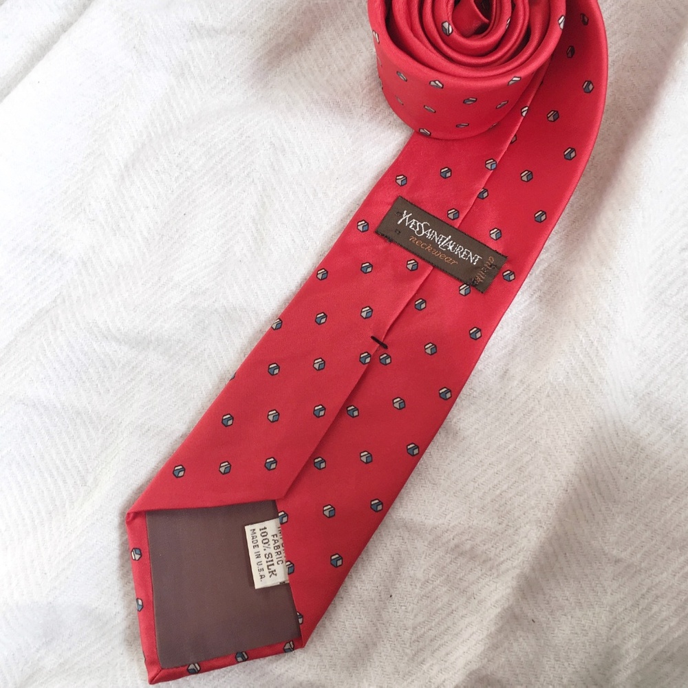 [YSL] 100% SILK necktie red pattern tie